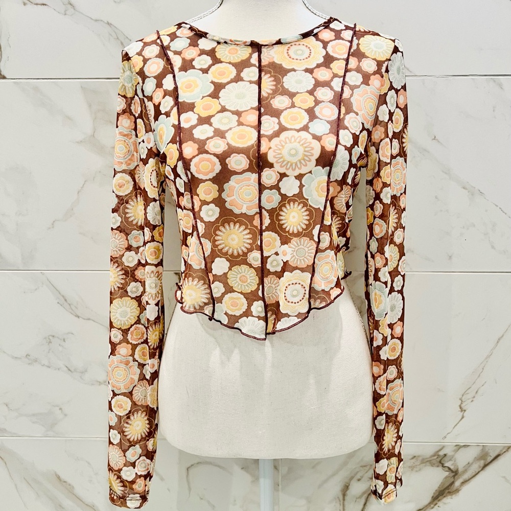Le Lis Floral Long Sleeve Blouse - Brown and Cream